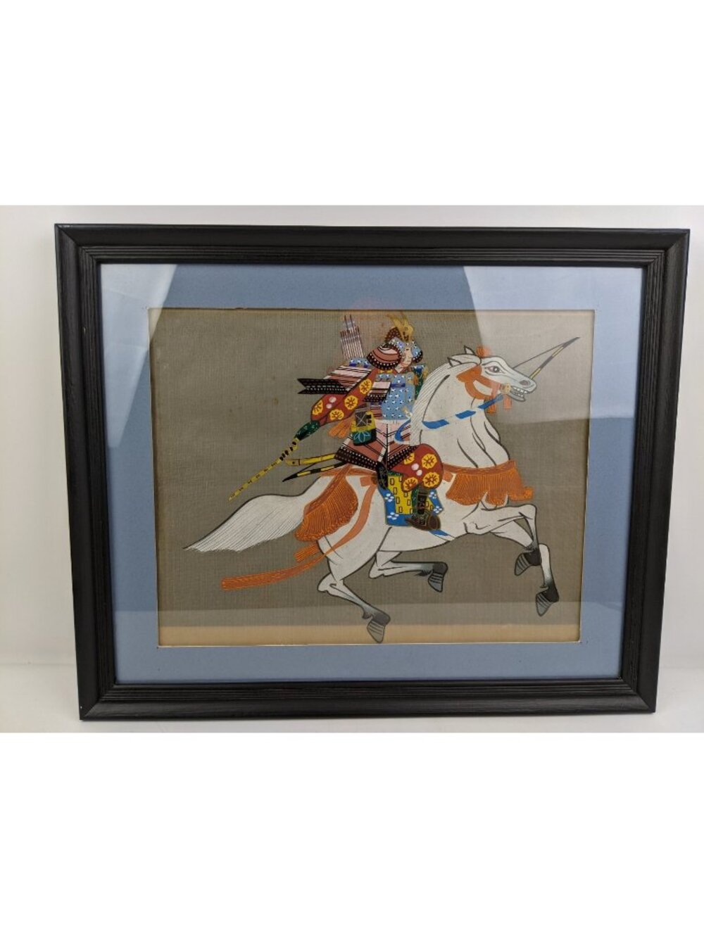 Vintage Japanese Painting on Silk of Samurai On Horseback 18" x 22" Framed